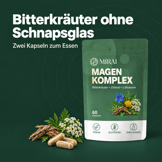 Mirai Magen-Komplex: Bitterkräuter ohne Schnapsglas, zwei Kapseln zum Essen