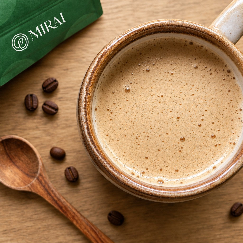 Cremiger Pilzkaffee in einer Keramiktasse mit Holzlöffel