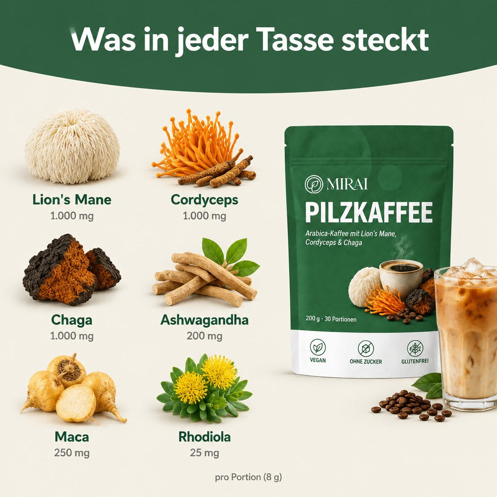 Was in jeder Tasse steckt: Lion's Mane, Cordyceps, Chaga, Ashwagandha, Maca und Rhodiola