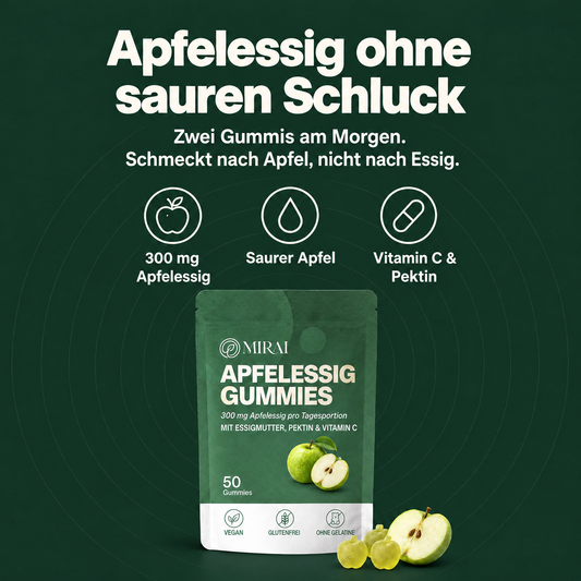 Apfelessig ohne sauren Schluck: zwei Gummis am Morgen, 300 mg Apfelessig, Geschmack nach saurem Apfel, mit Vitamin C und Pektin