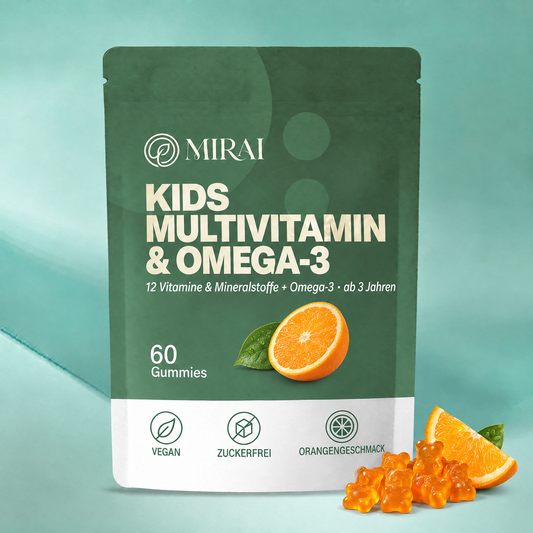 Mirai Kids Multivitamin und Omega-3, Beutel mit 60 Gummies und orangefarbenen Gummibärchen